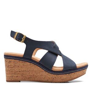 NWT Clarks Women’s Elleri Rae Leather Criss-Cross Wedge Sandals Navy 11W